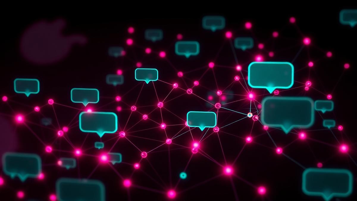 Glowing network of magenta nodes and mint speech bubbles forming an abstract social graph on a dark background