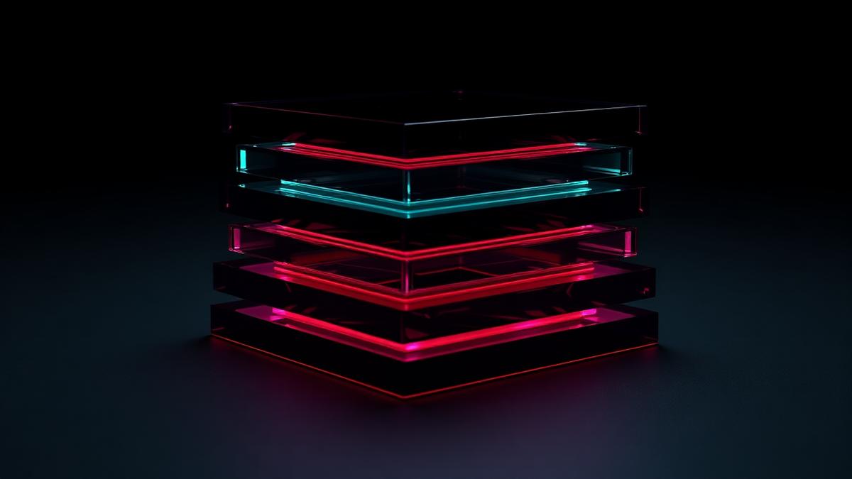 Five stacked translucent blockchain layers glowing with magenta and mint edge lighting on a dark background