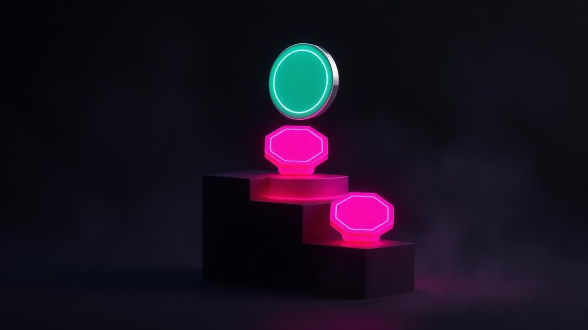 Five glowing ranked crypto tokens on a dark podium, with the top token highlighted in mint green