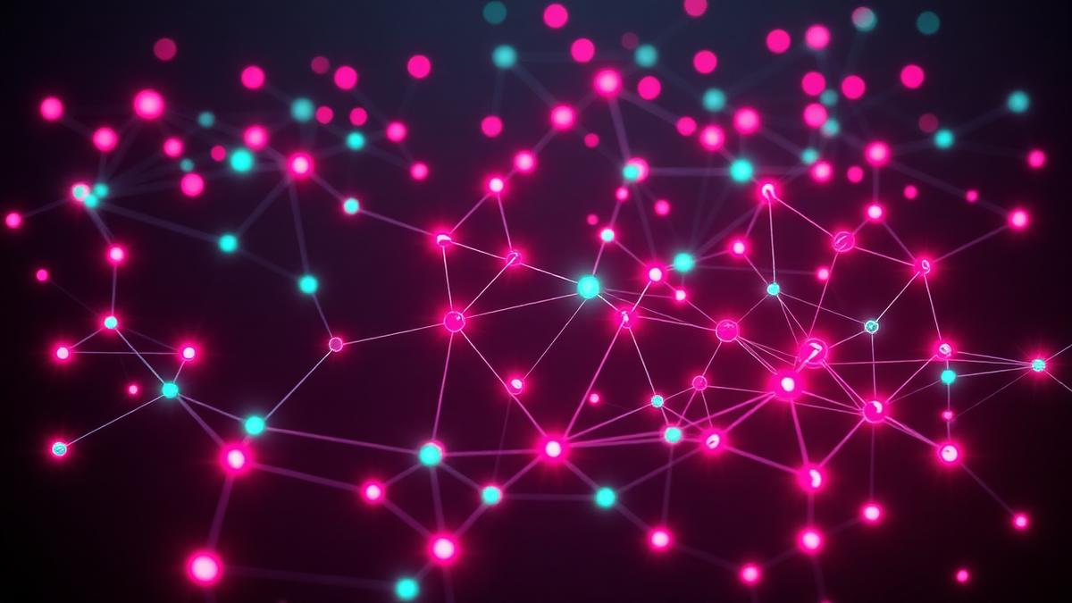 Abstract render of a glowing magenta and mint node network representing a social graph