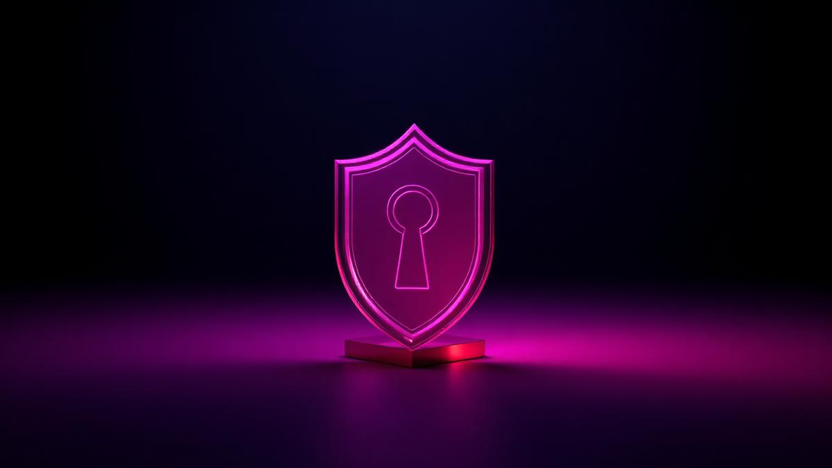 Abstract render of a glowing magenta glass shield with a keyhole on a dark background