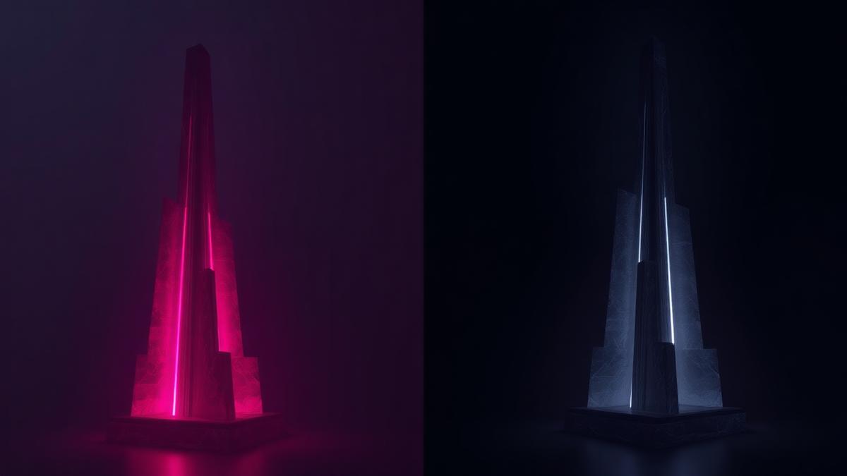 Abstract render of two glowing towers compared side by side, one magenta and one grey