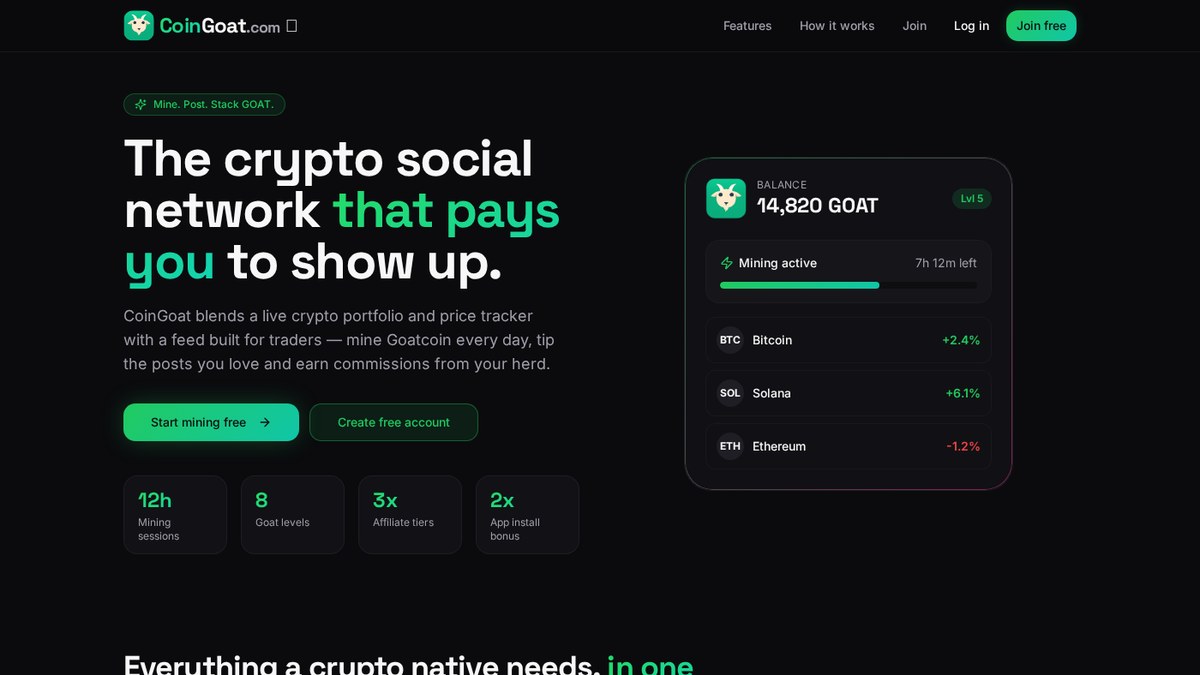 Screenshot of the CoinGoat.com crypto portfolio tracking and social mining homepage