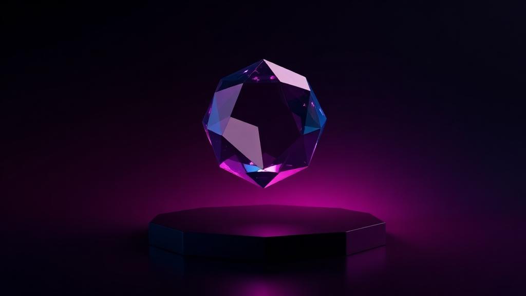 Faceted crystal octahedron floating above a reflective black plane under magenta light