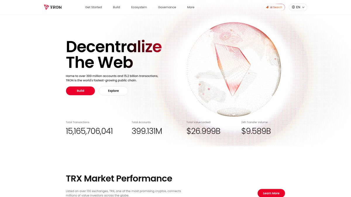 Screenshot of the Tron network website homepage